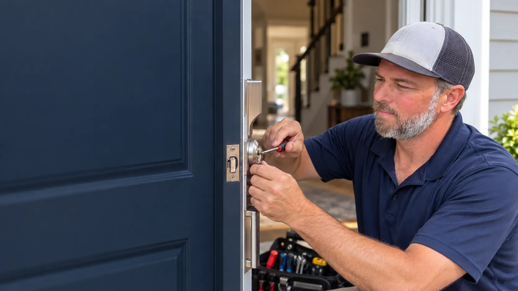 Fortress Lock & Safe locksmith working on a front door lock