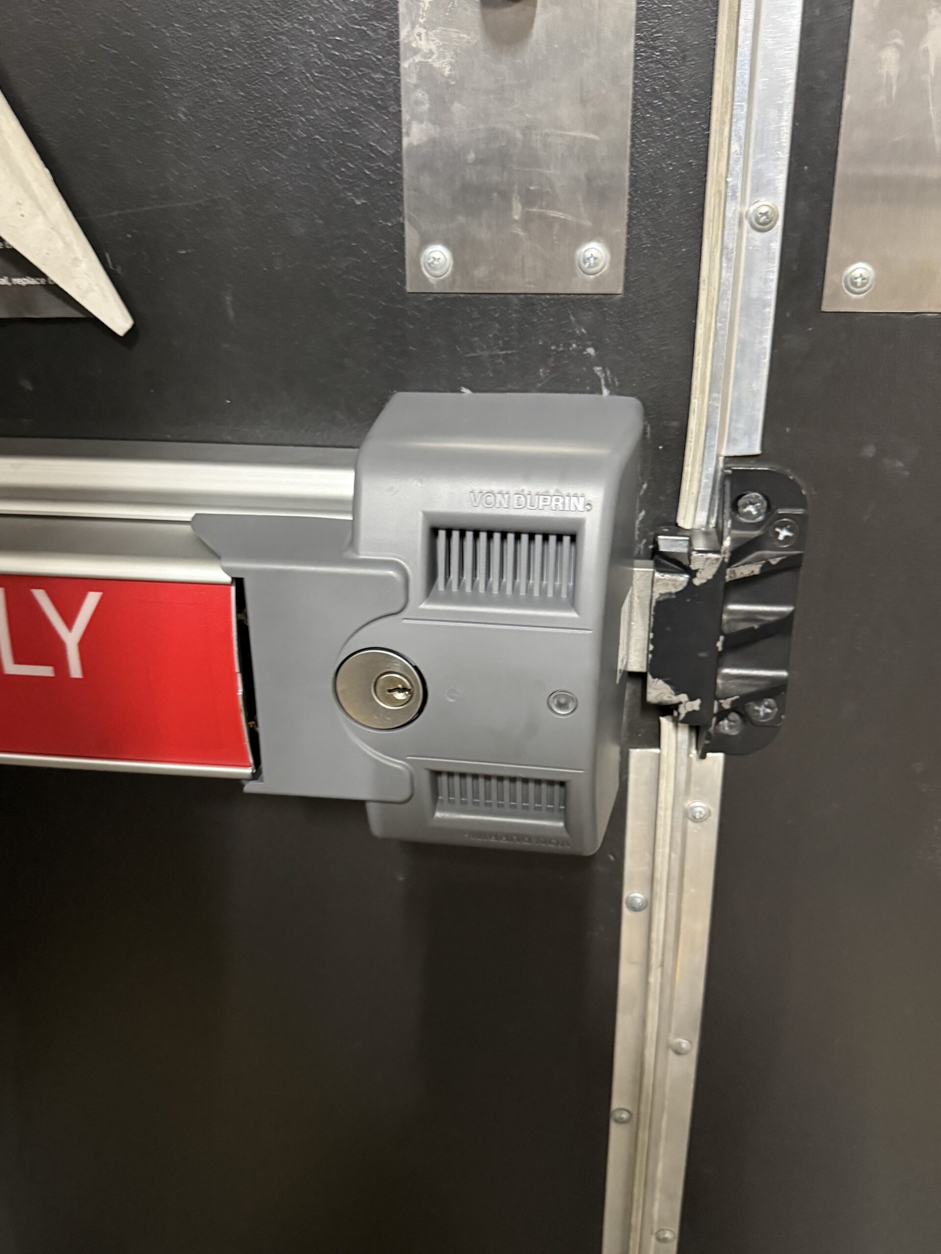 Von Duprin alarmed exit device on a commercial door in Okmulgee, Oklahoma