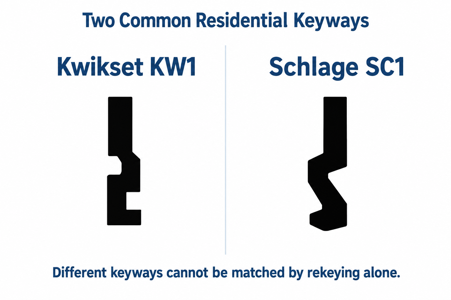 Kwikset KW1 and Schlage SC1 keyway comparison for homeowners wanting one key for house locks